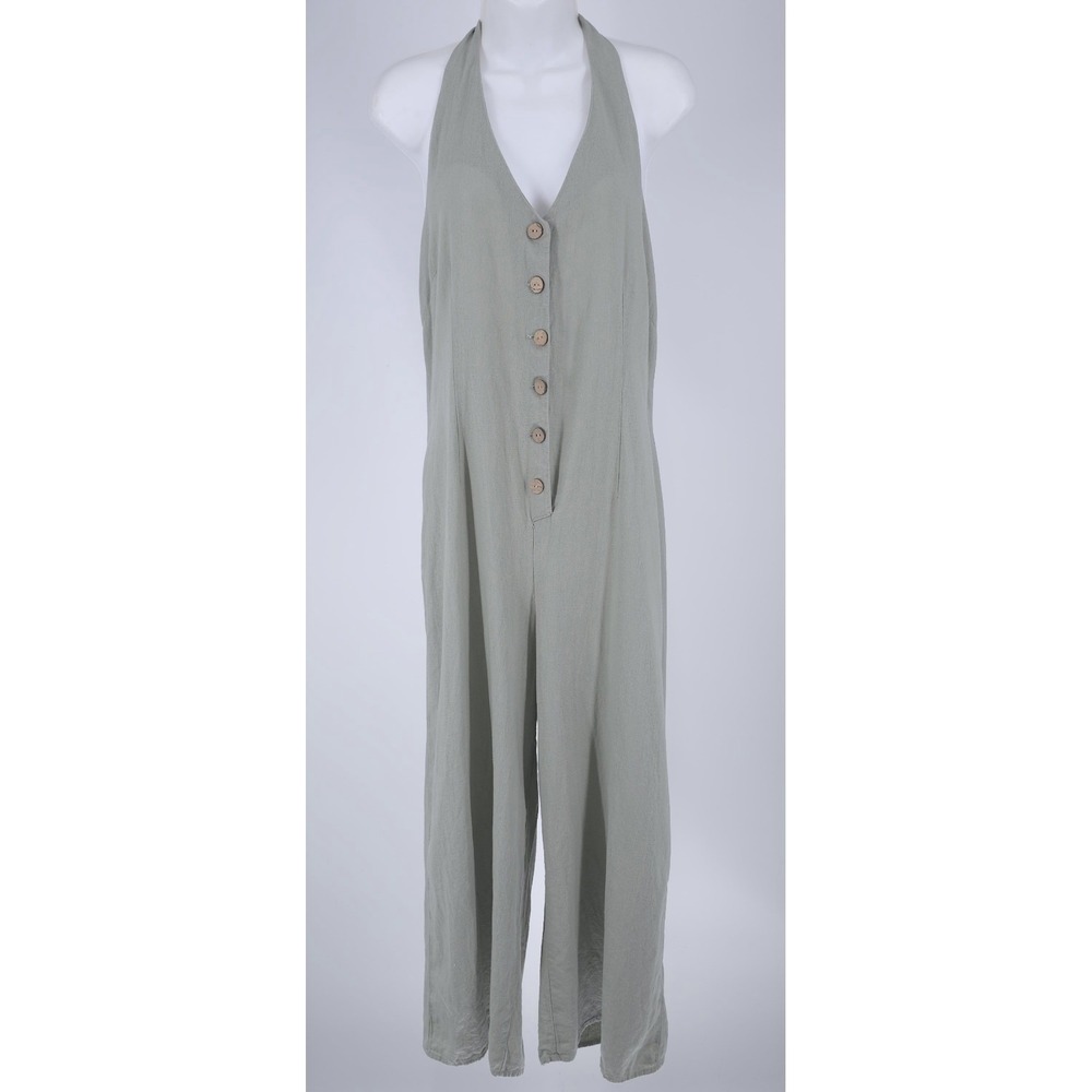 Sage Green Halter Jumpsuit Wood Button Front Wide Leg Boho Coastal Cottagecore